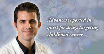 St. Jude investigators recently identified the first small molecule inhibitor of the MDMX protein, which is implicated in a number of cancers. This illustration shows the inhibitor’s predicted binding in a pocket of the MDMX protein. Image by Jennifer Robison, St. Jude Children’s Research Hospital Biomedical Communications Department.