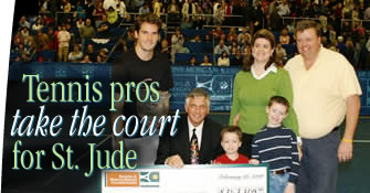 From left, last year's tournament winner Tommy Haas with Mac Winker, owner and CEO of The Racquet Club of Memphis, St. Jude patient Jack and his family.