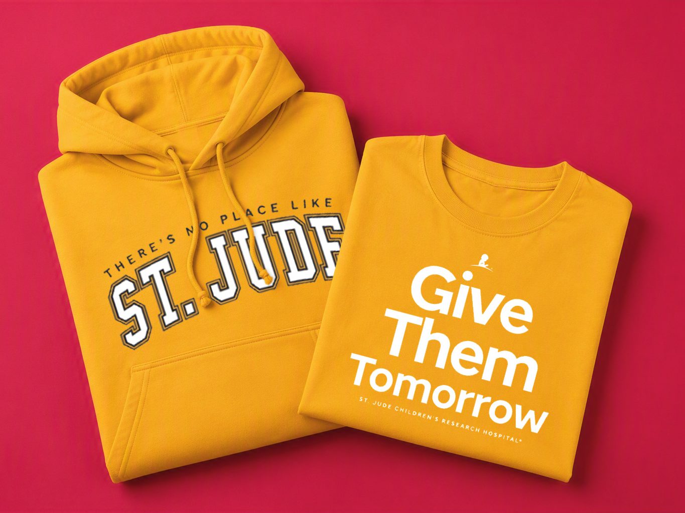 A gold St. Jude T-shirt and sweatshirt for Childhood Cancer Awareness Month