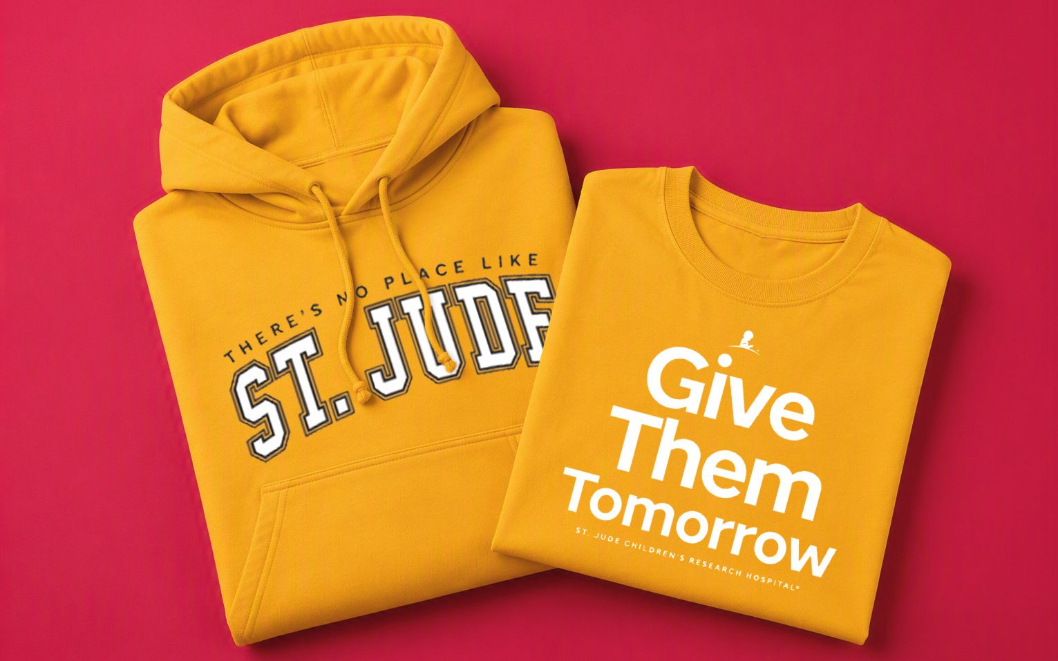 A gold St. Jude T-shirt and sweatshirt for Childhood Cancer Awareness Month