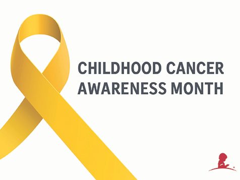 An image of a yellow ribbon with the words Childhood Cancer Awareness Month