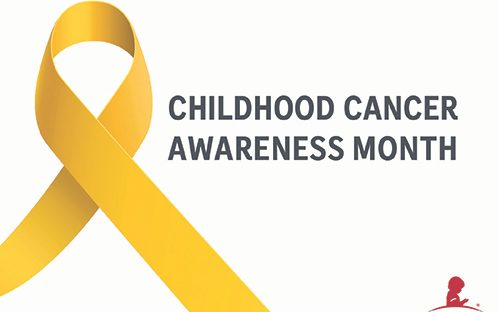 An image of a yellow ribbon with the words Childhood Cancer Awareness Month