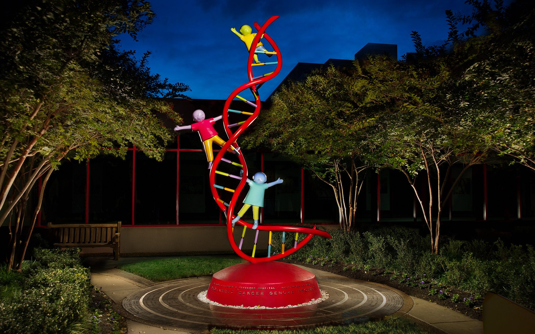 The colorful genome sculpture on the St. Jude campus