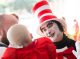 The Cat in the Hat visits with a St. Jude patient.