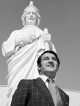 danny thomas in front of the st. jude thaddeus statue