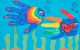 A drawing of two colorful fish that are made with handprints