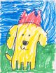 A drawing of a yellow dog that is wearing a red crown