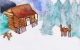A painting of a cabin and deer in a wintry setting