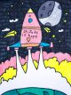 A colorful drawing of a rocket ship launching with the moon in the background.