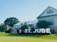 Large balloons read, "I (heart) St. Jude" at the St. Jude Open 2023. 