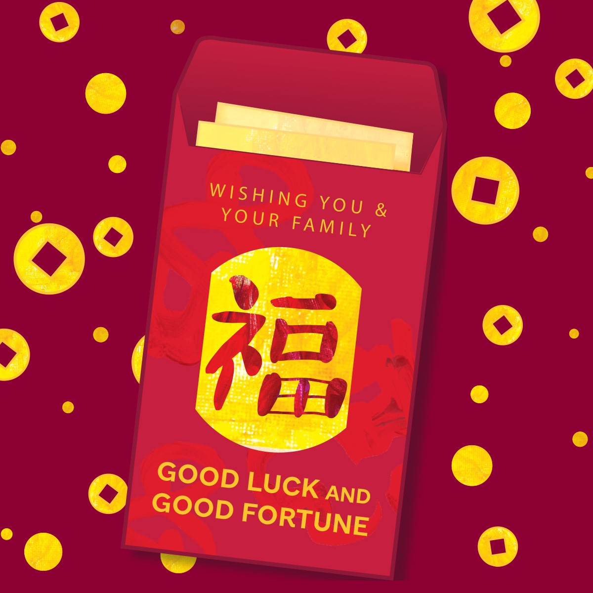 Red envelope Lunar New Year card with Artwork inspired by St. Jude patients