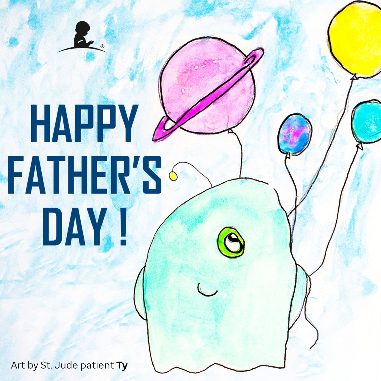 Drawing of a creature and planet-shaped balloons by St. Jude patient Ty. 