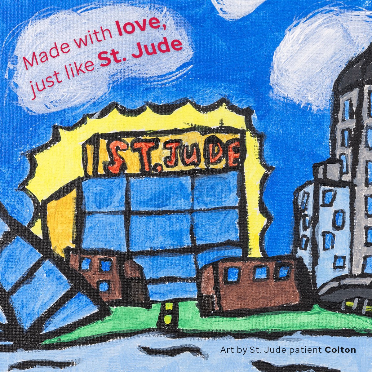 Drawing of the st jude campus buildings by st. jude patient Colton