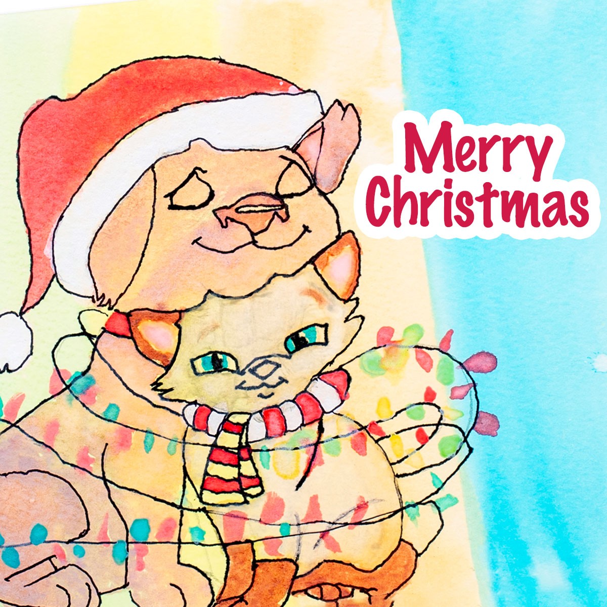 Merry Christmas card artwork of cuddling cats inspired by St. Jude patient Ty.