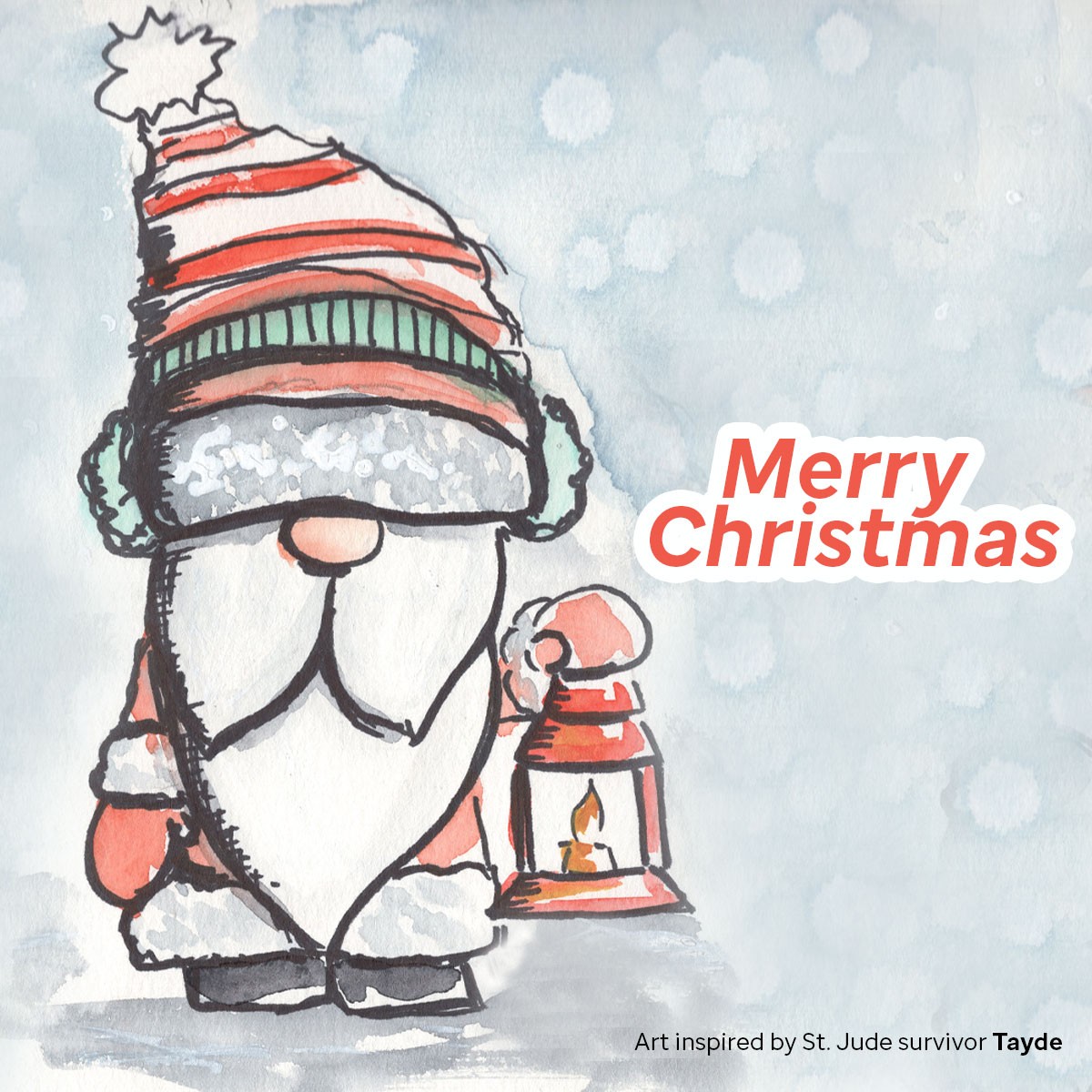 Merry Christmas card artwork of a santa themed gnome inspired by St. Jude patient Tayde.