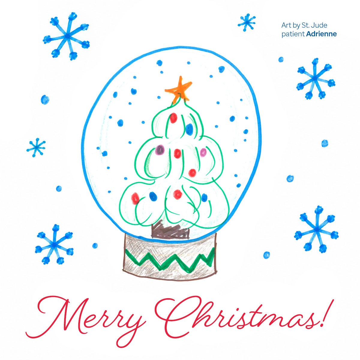 Merry Christmas card artwork of christmas tree and snowflakes