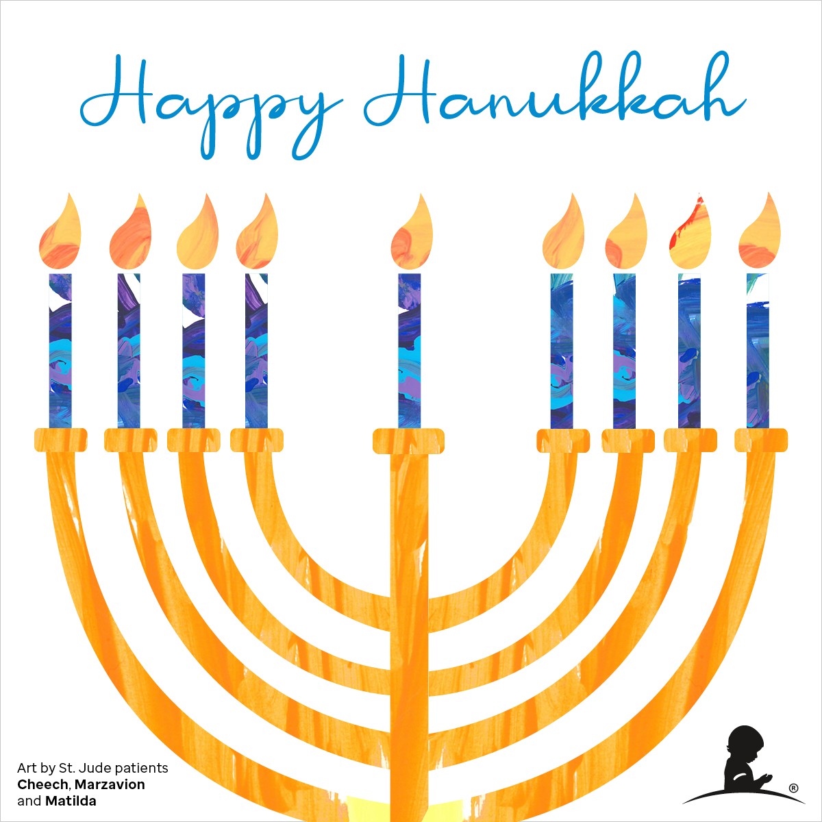 Happy Hanukkah card artwork of candles in a menorah inspired by St. Jude patients Cheech, Marzavion and Matilda.