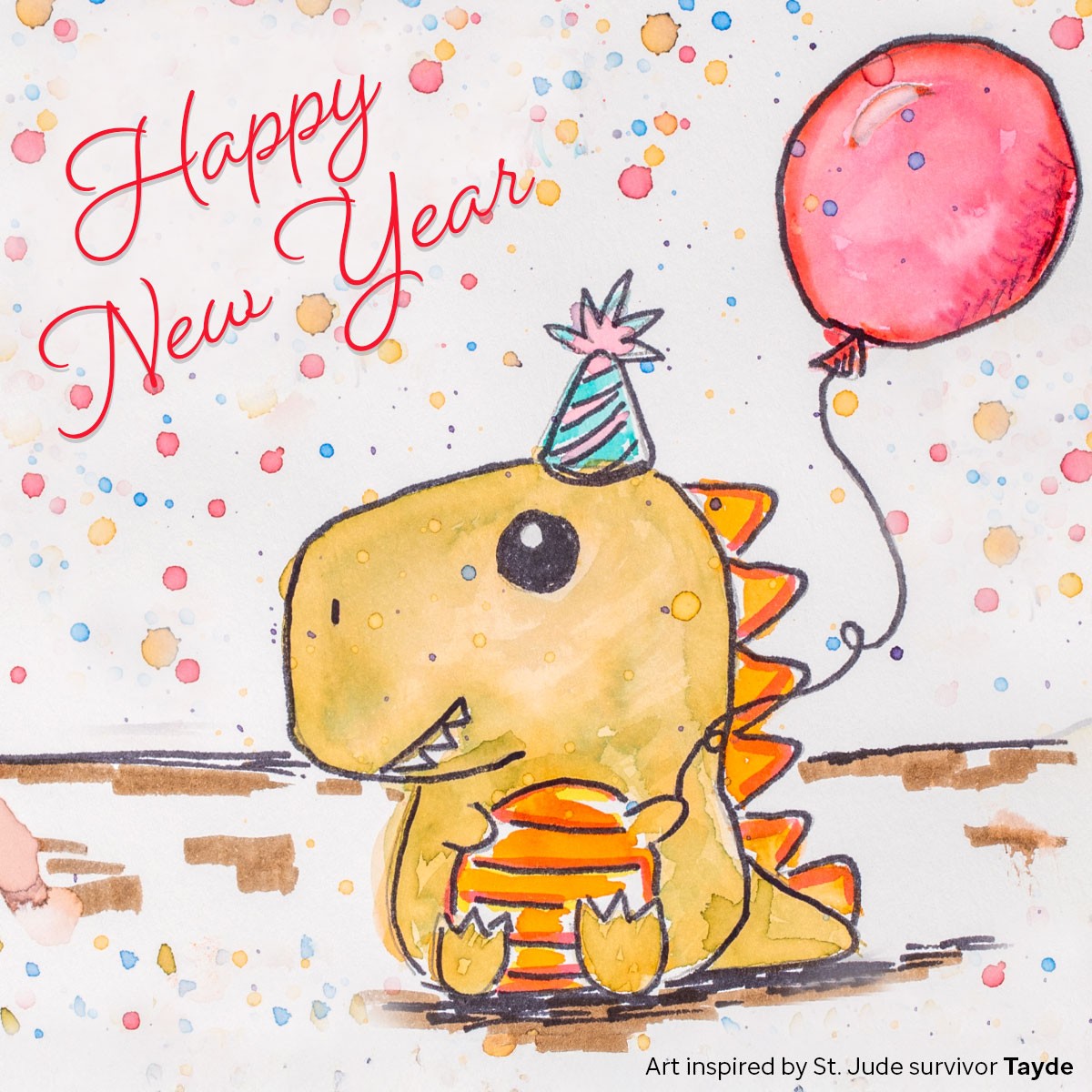 Happy New Year card artwork of dino holding a ballon inspired by St. Jude patient Tayde