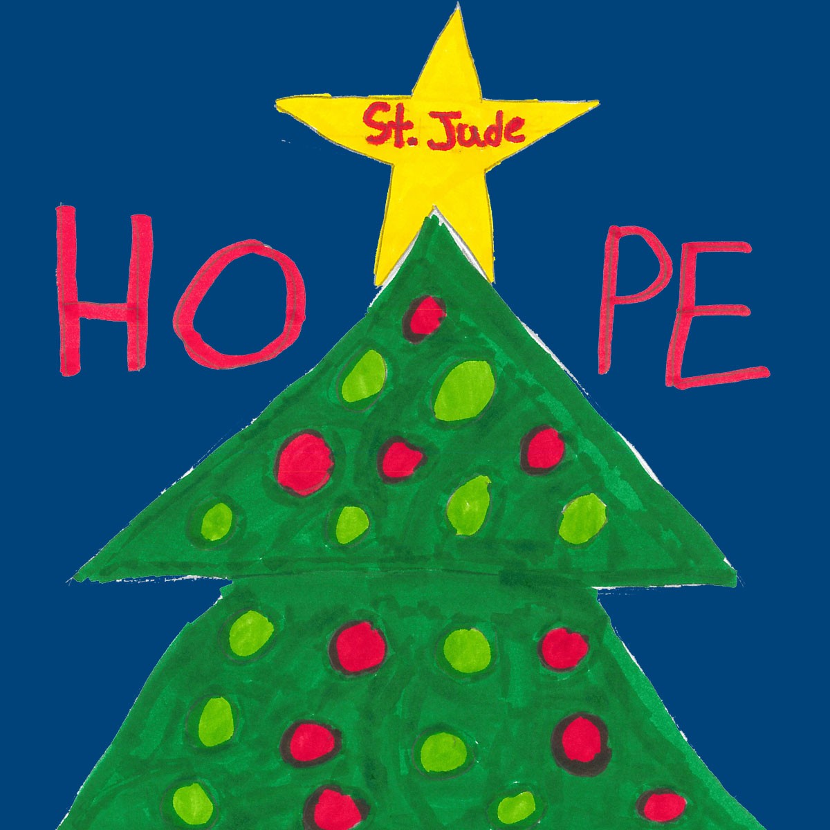 Hope card artwork of a star-topped tree by St. Jude patient Ethan.