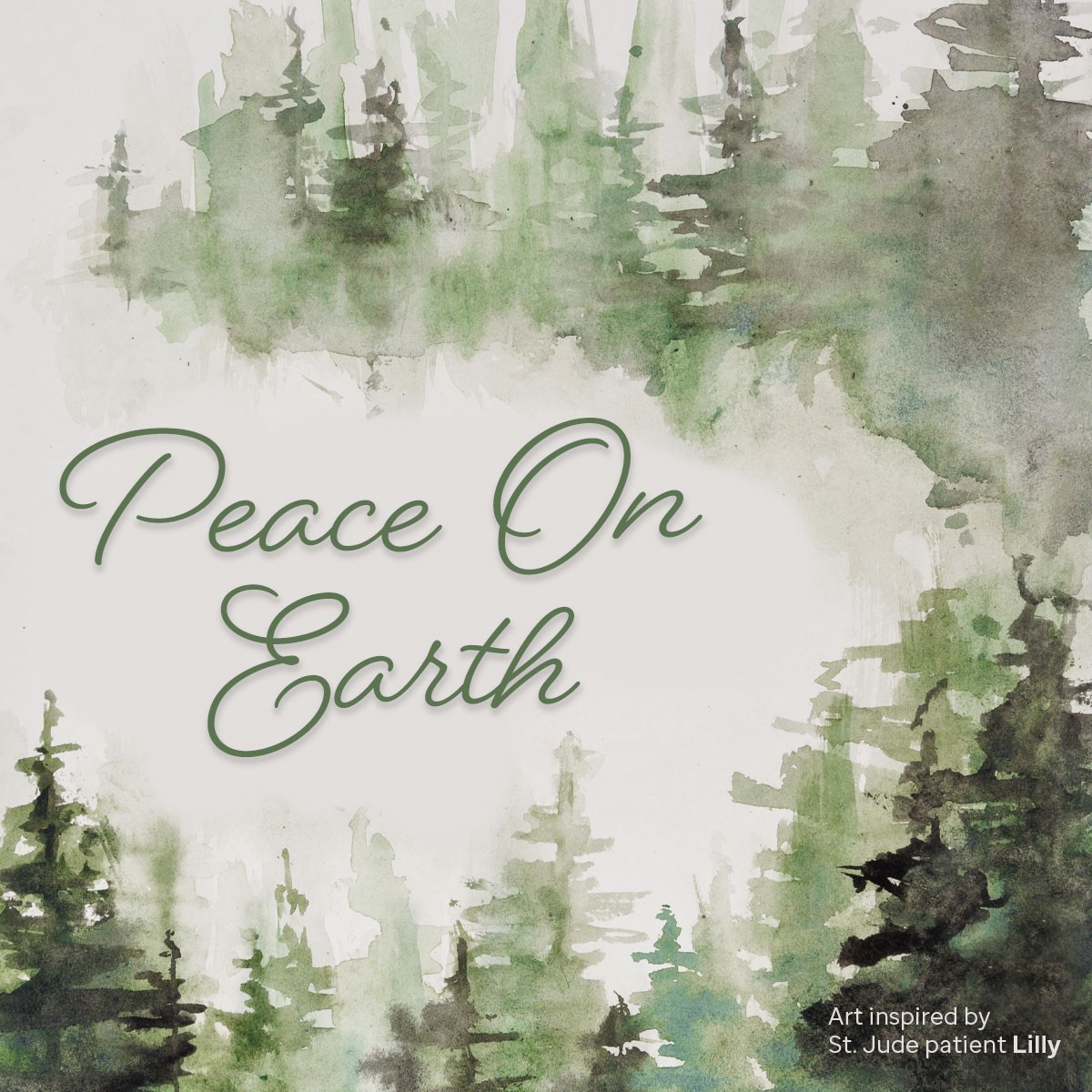 Peace card artwork of a peaceful forest inspired by St. Jude patient Lilly.