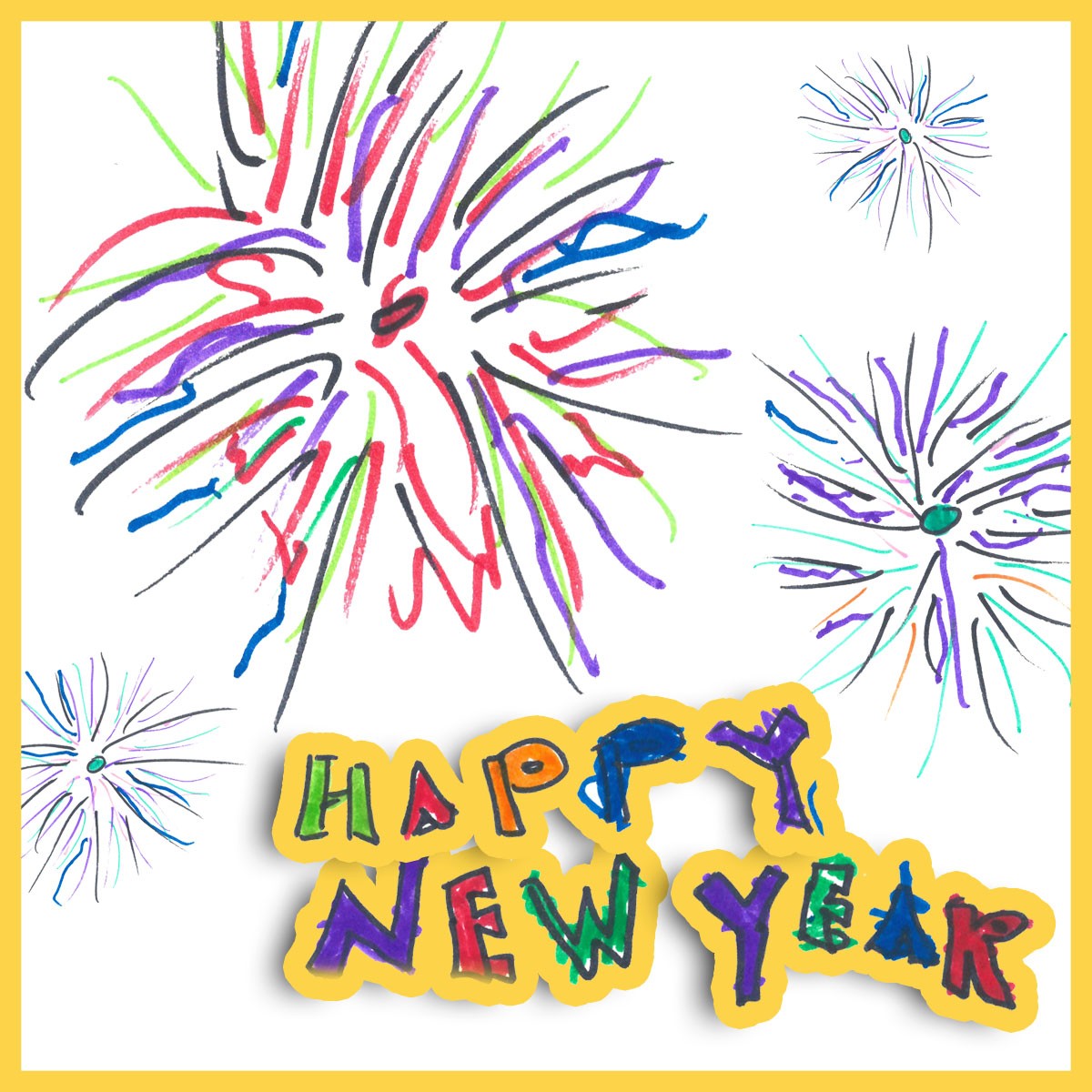 Happy New Year card artwork of fireworks inspired by St. Jude patients Cyra and Cheyenne.