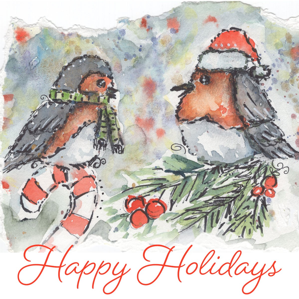 Happy Holidays card artwork of two robins by St. Jude survivor Tayde.