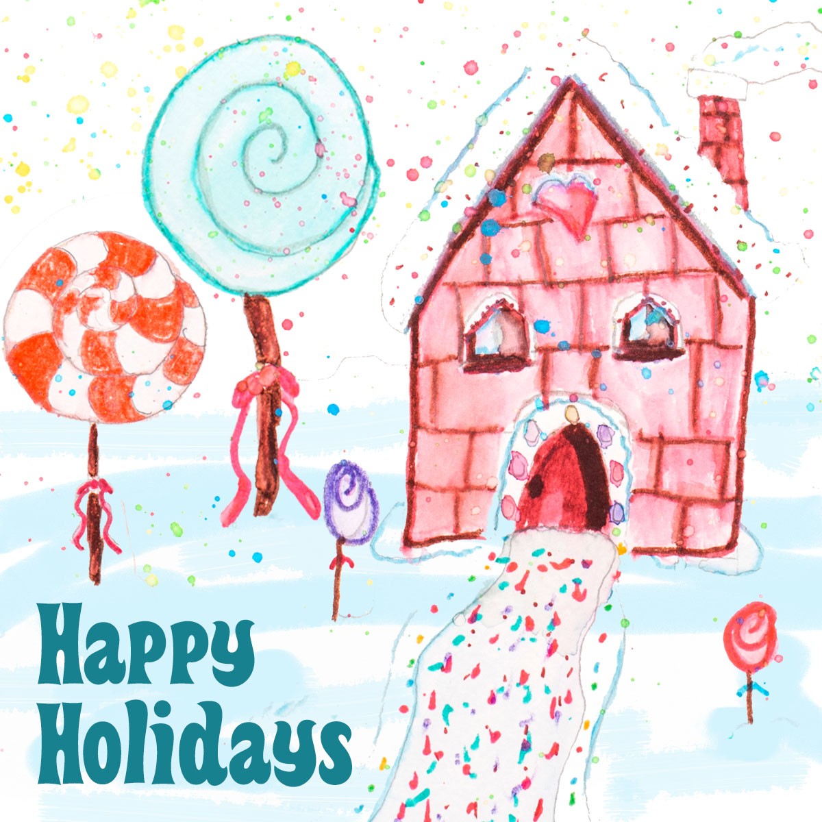 Happy Holidays card artwork of a candy house inspired by St. Jude patient Ty.