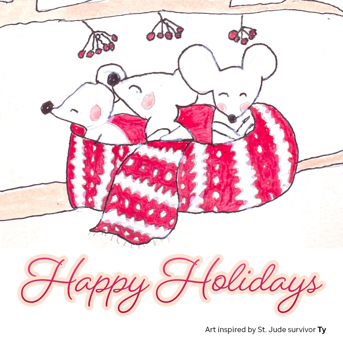 Happy Holidays card artwork of mice in a tree inspired by St. Jude survivor Ty.