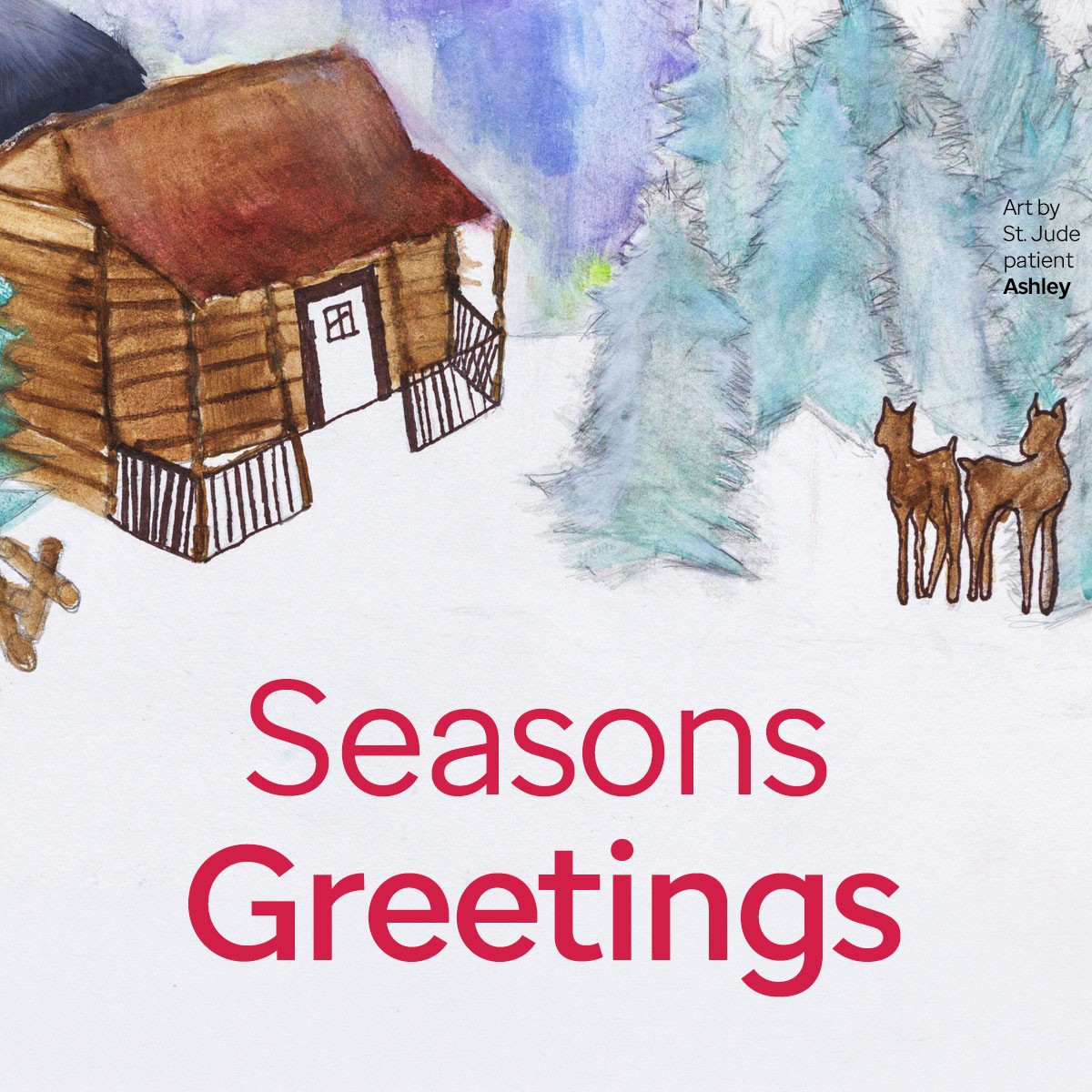 Season Greeting card artwork of cabin and reindeer in a forest