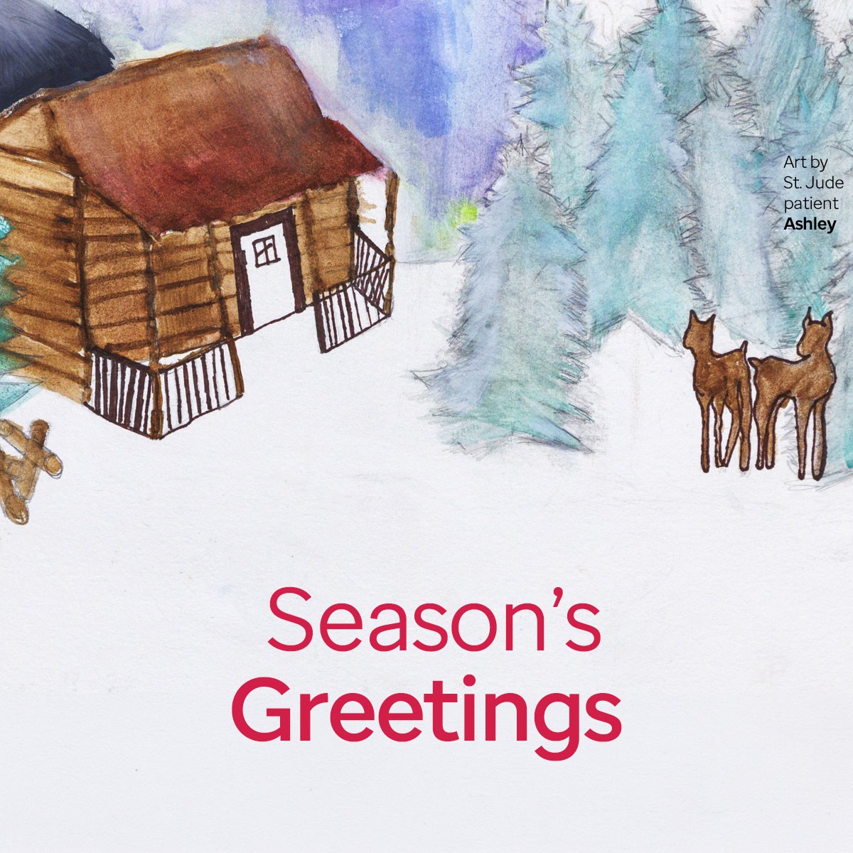 Season Greeting card artwork of cabin and reindeer in a forest