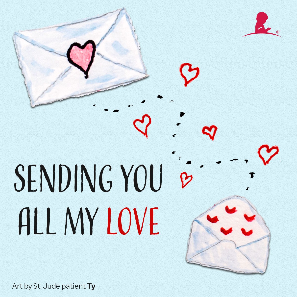 Card depicting envelopes with hearts with message reading: 