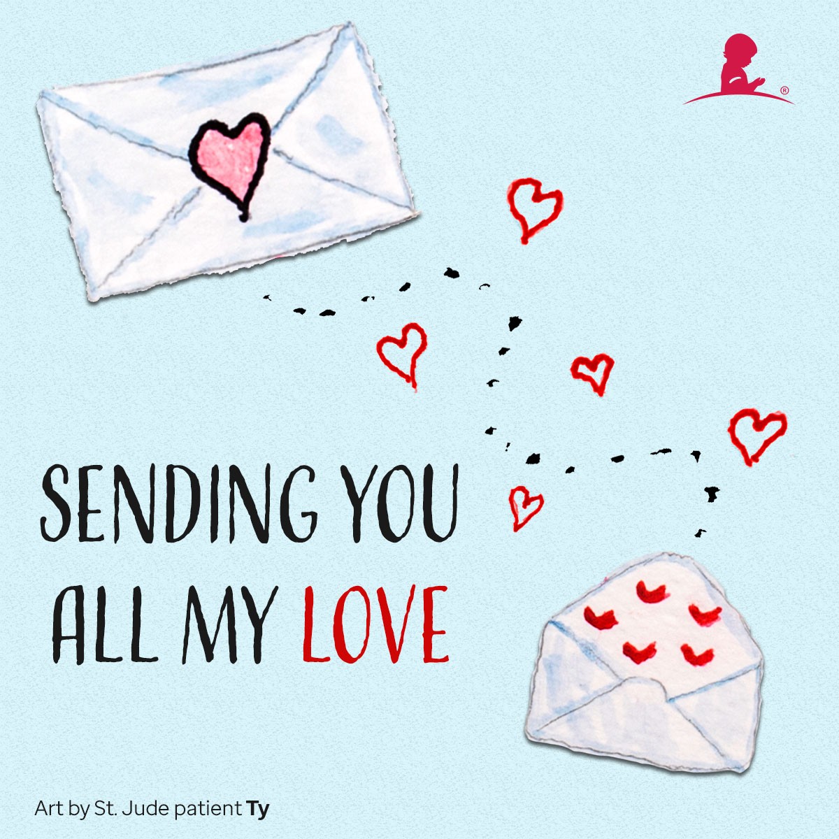 Card depicting envelopes with hearts with message reading: 