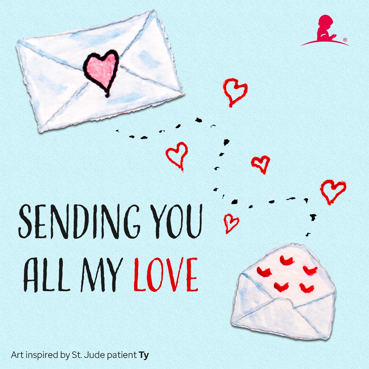 Card depicting envelopes with hearts with message reading: 