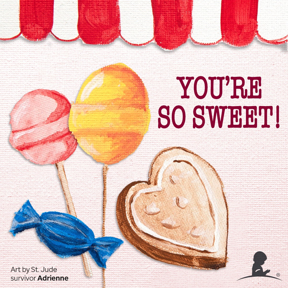 Card with multi-color candies and a cookie with message reading: You're so sweet!