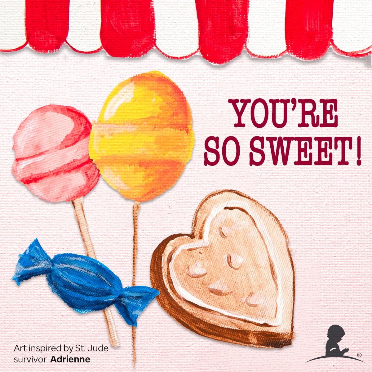 Card with multi-color candies and a cookie with message reading: You're so sweet!