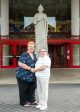 Stephanie Dabecco with her daughter near the statue of Saint Jude Thaddeus