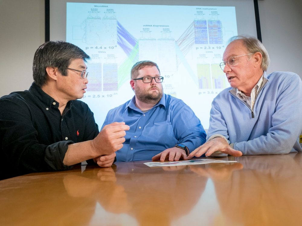 Left to right: Cheng Cheng, Ph.D., of the St. Jude Department of Biostatistics; Robert Autry, of St. Jude and a graduate student at the University of Tennessee Health Science Center; and William Evans, Pharm.D., of the St. Jude Department of Pharmaceutical Sciences