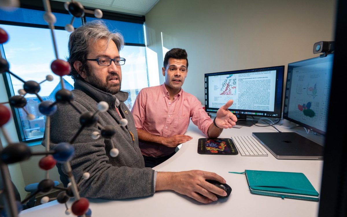 Two structural biologists sitting at a desk and reviewing information on a computer