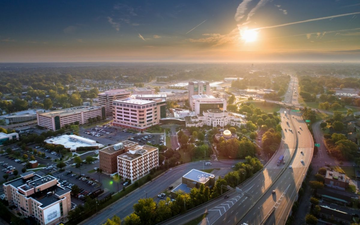 Aerial view of St. Jude Children's Research Hospital at dusk or dawn