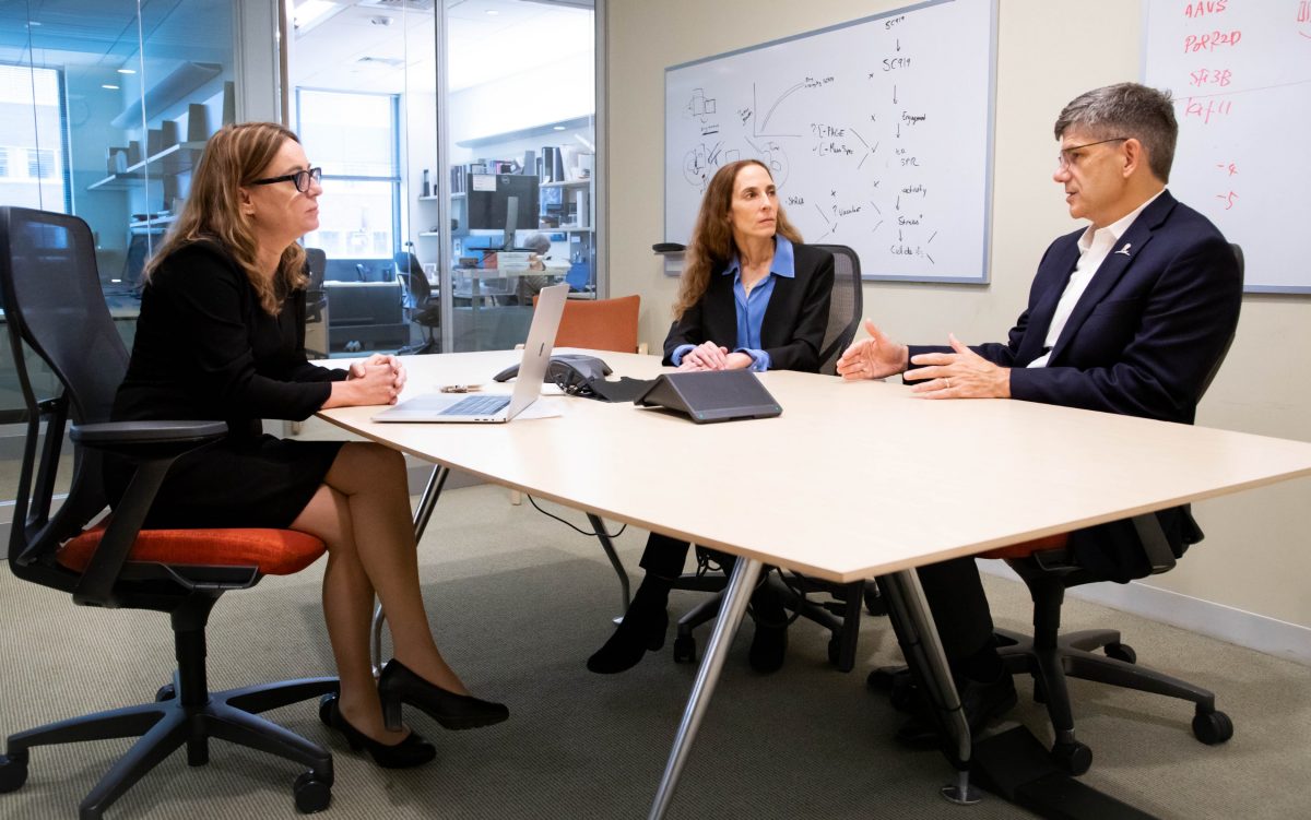 Three senior scientists from Dana-Farber, Broad Institute and St. Jude meeting about Pediatric Cancer Dependencies Accelerator project.