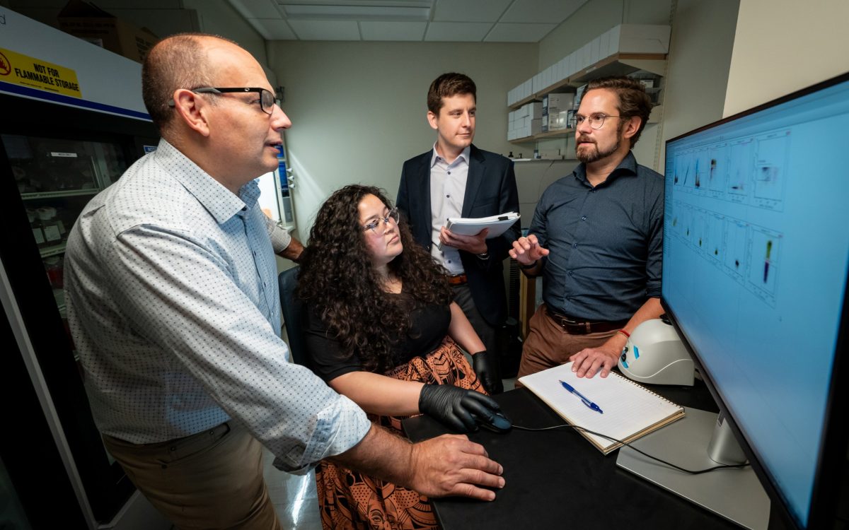 (L to R) Co-corresponding author Richard Webby, Ph.D., St. Jude Department of Host-Microbe Interactions, co-first author Aisha Souquette, Ph.D., co-first author Robert Mettelman, Ph.D., and senior corresponding author Paul Thomas, Ph.D., St. Jude Department of Immunology.