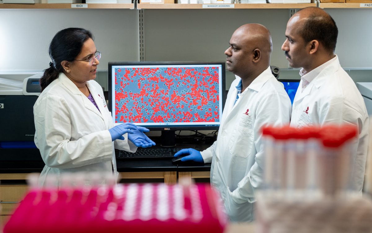 (L to R) Corresponding author Thirumala-Devi Kanneganti, Ph.D., Balamurugan Sundaram, Ph.D., and Nagakannan Pandian, Ph.D.