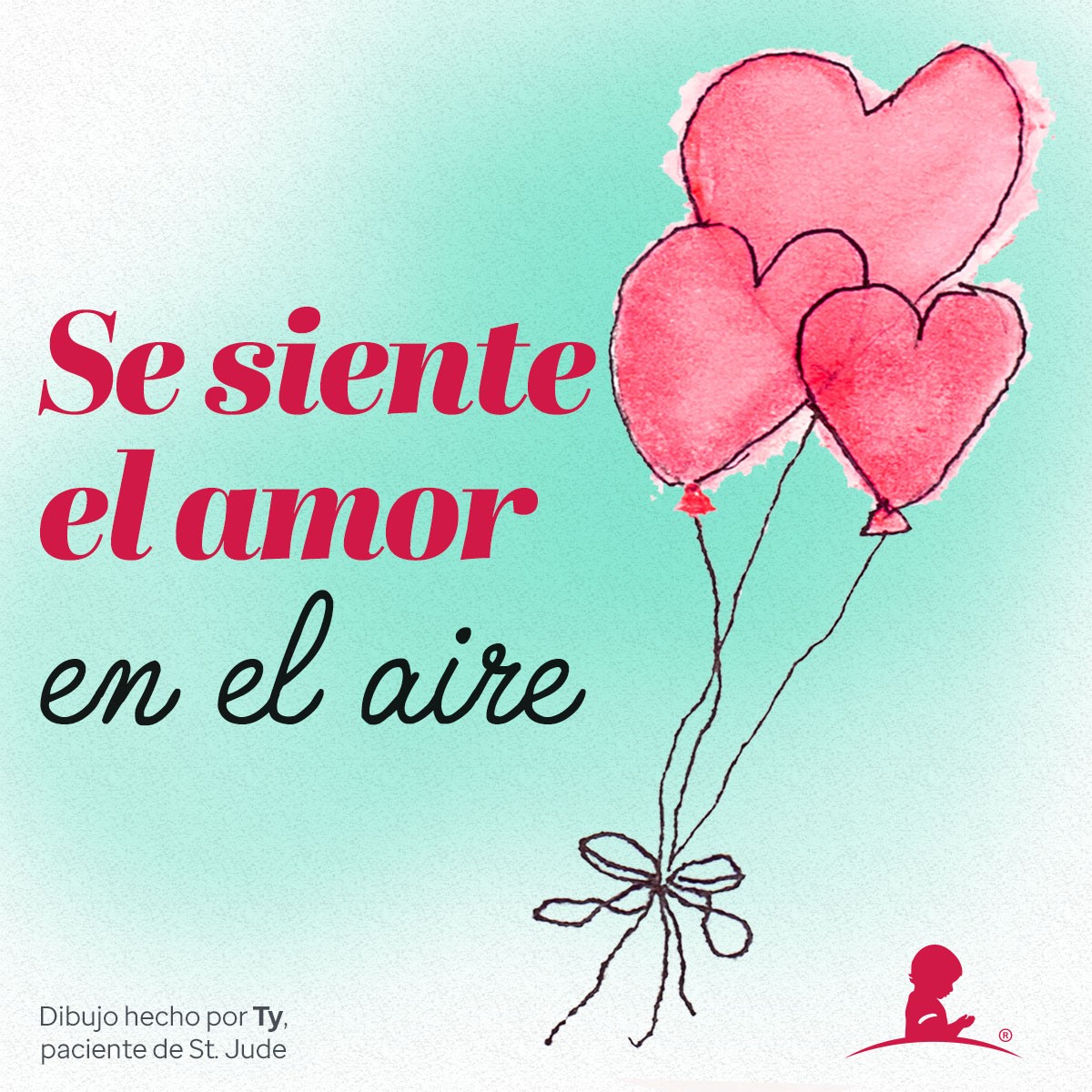 Tarjeta celebratoria del día de San Valentín con imágenes de globos en forma de corazones que lee “Se siente el amor en el aire”