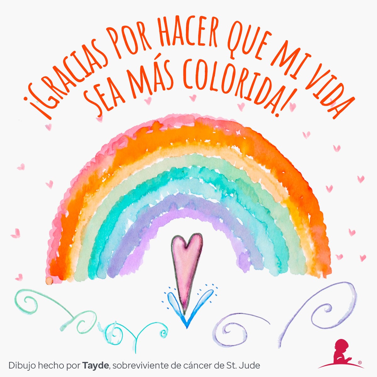 Tarjeta celebratoria del día de San Valentín con imágenes de un arcoíris y corazones s que lee “!Gracias por hacer que mi vida sea más colorida!”
