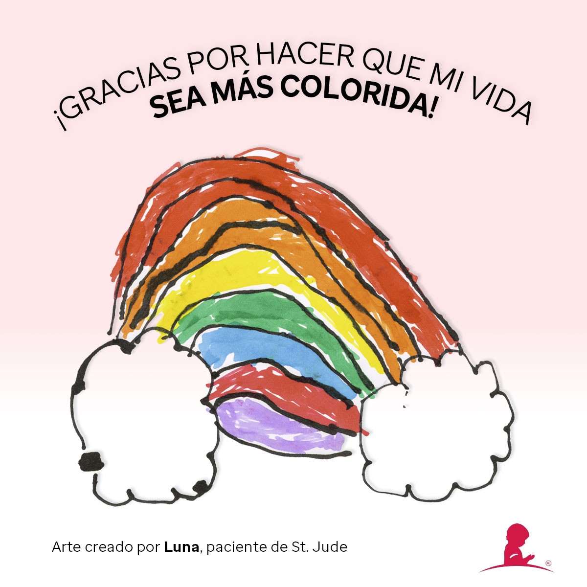 Tarjeta celebratoria del día de San Valentín con imágenes de un arcoíris y corazones s que lee “!Gracias por hacer que mi vida sea más colorida!”