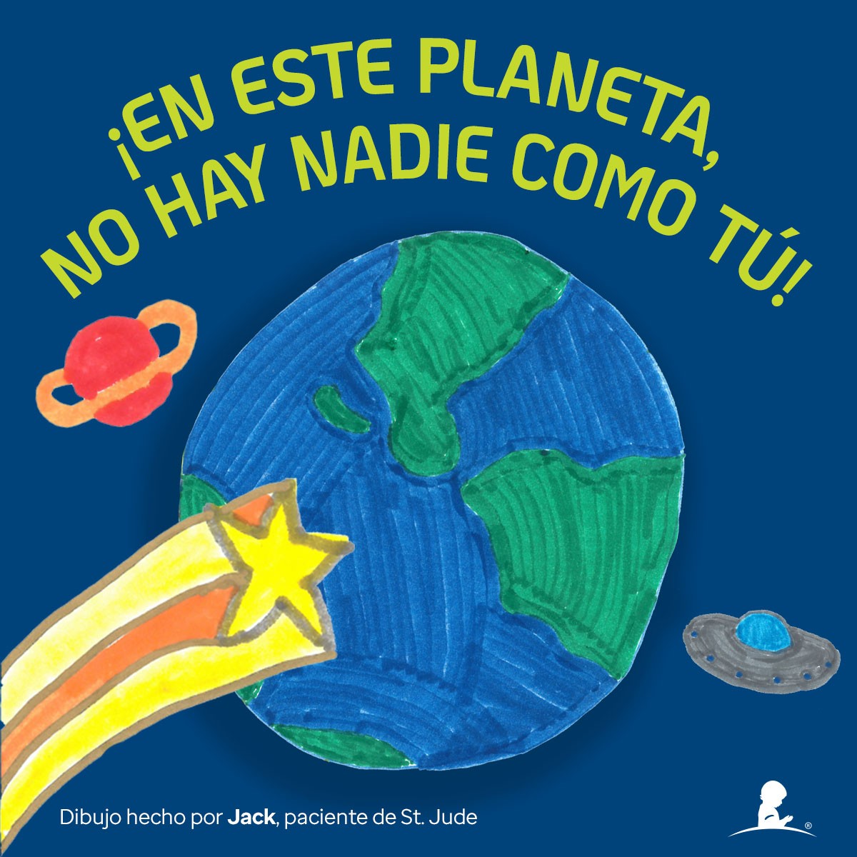 Tarjeta celebratoria del día de San Valentín con imágenes de planetas y estrellas que lee “!En este planeta, no hay nadie como tú!”