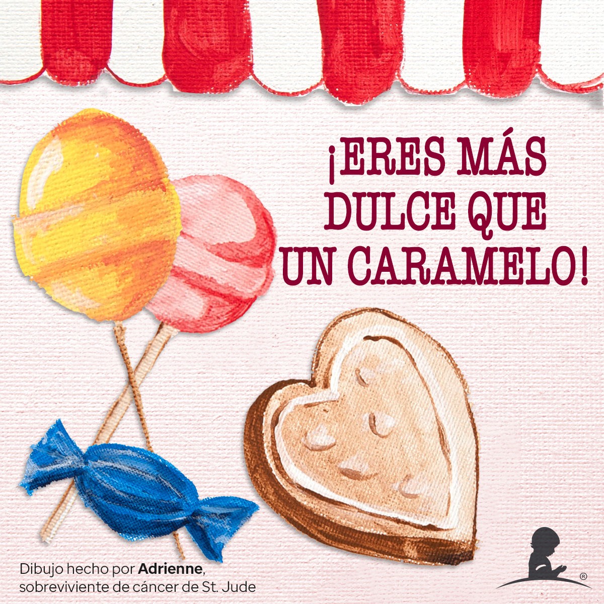 Tarjeta celebratoria del día de San Valentín con imágenes de dulces que lee “!Eres mas dulce que un caramelo!”