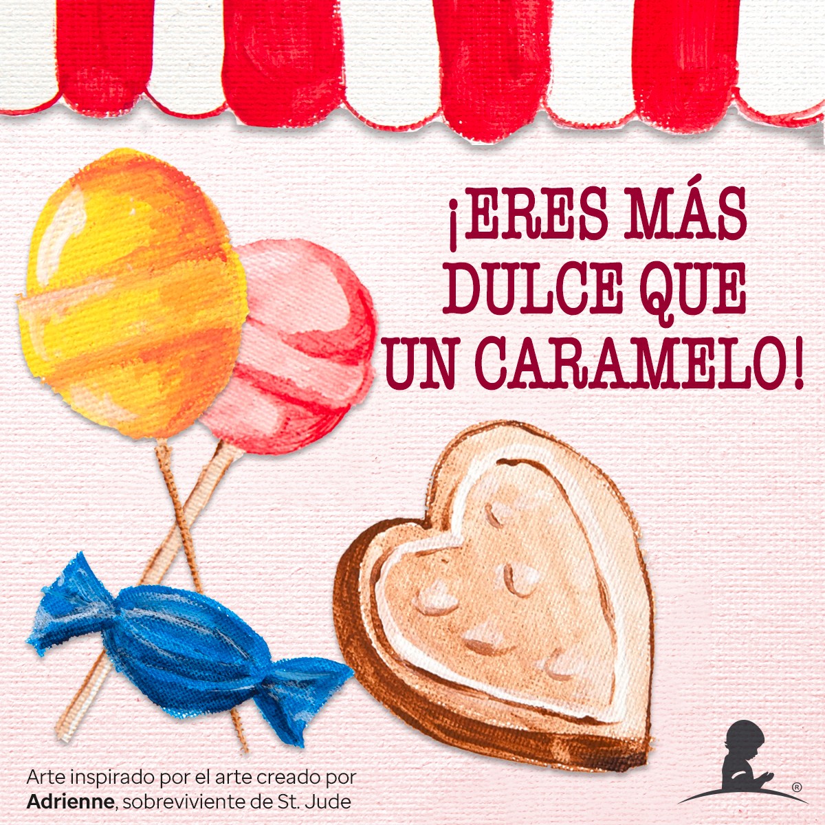 Tarjeta celebratoria del día de San Valentín con imágenes de dulces que lee “!Eres mas dulce que un caramelo!”
