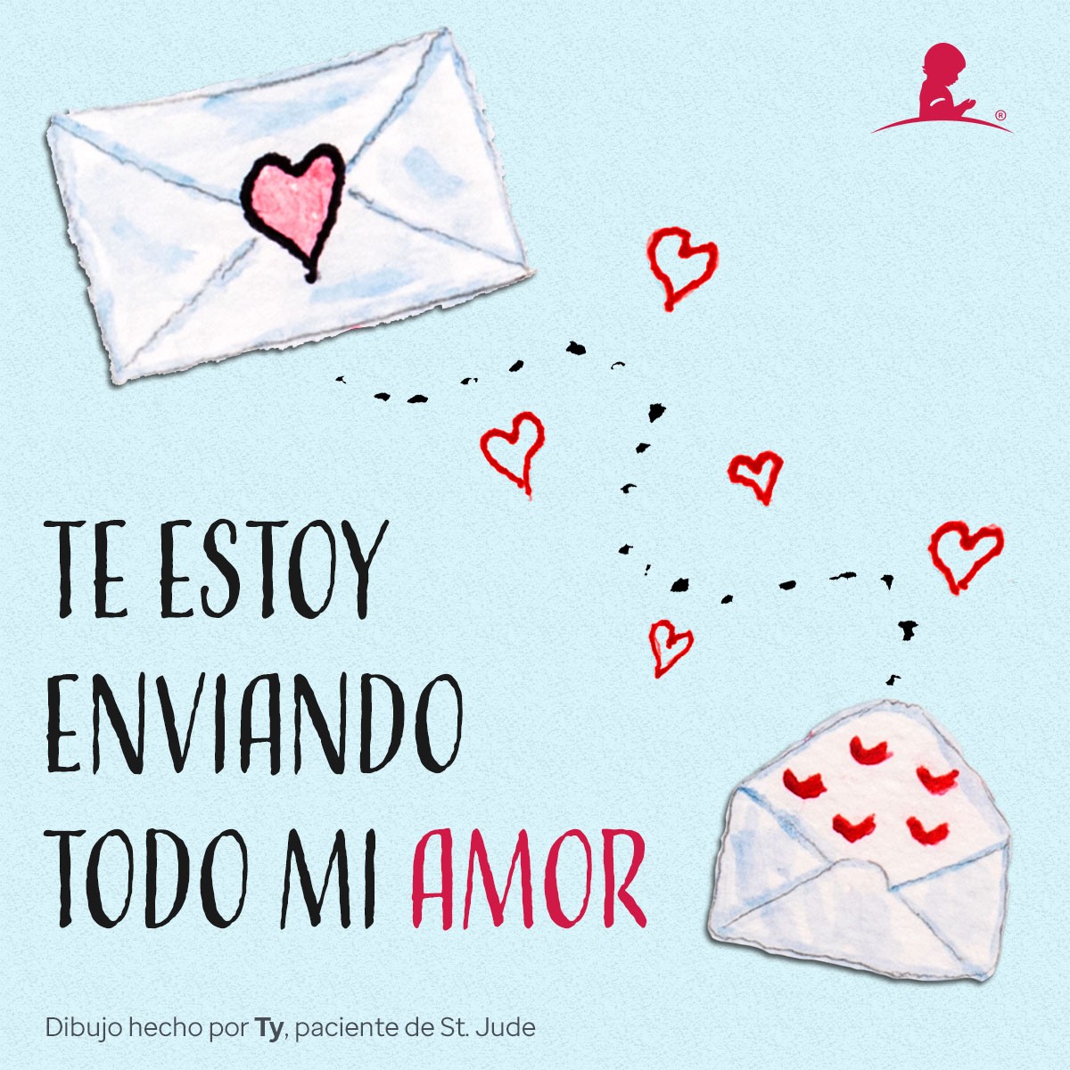 Tarjeta celebratoria del día de San Valentín con imágenes de cartas con corazones que lee “Te estoy enviando todo mi amor”