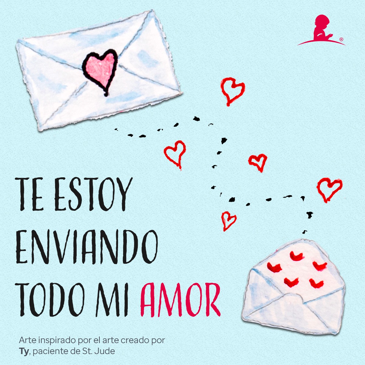 Tarjeta celebratoria del día de San Valentín con imágenes de cartas con corazones que lee “Te estoy enviando todo mi amor”
